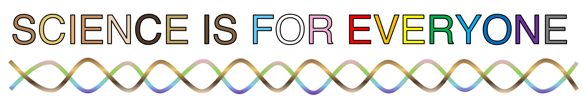Image of text saying science is for everyone with letters in different colors underlined by a double helix.